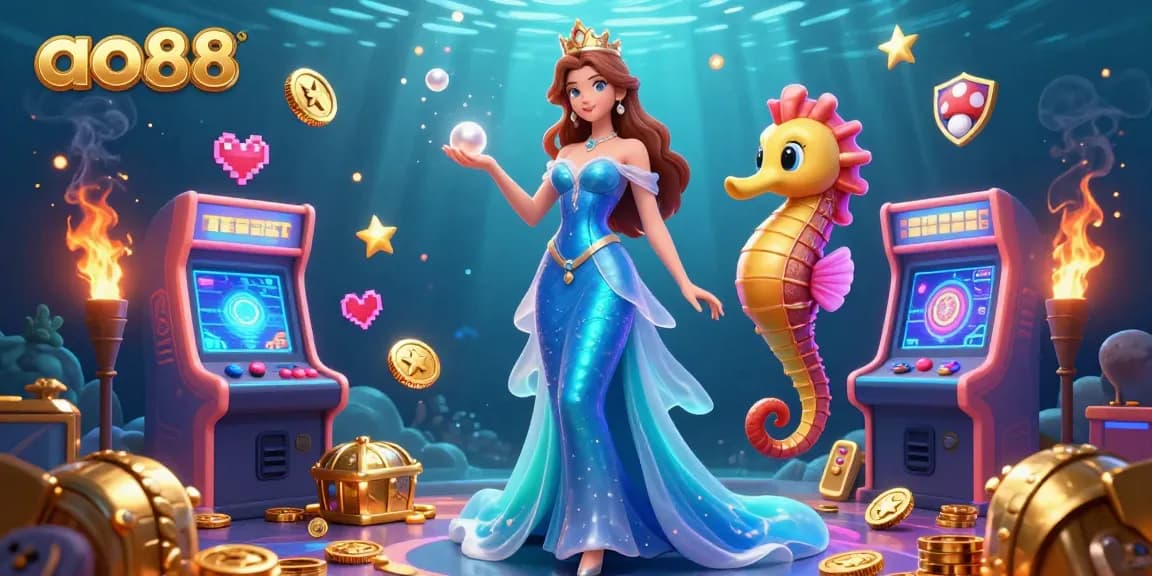 Engage with the dynamic gaming adventure featuring ao88, as a glamorous woman and a seahorse king champion the underwater treasure alongside vibrant casino elements.