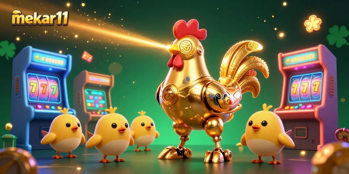 Experience the vibrant world of mekar11 with golden rooster robot and arcade games.