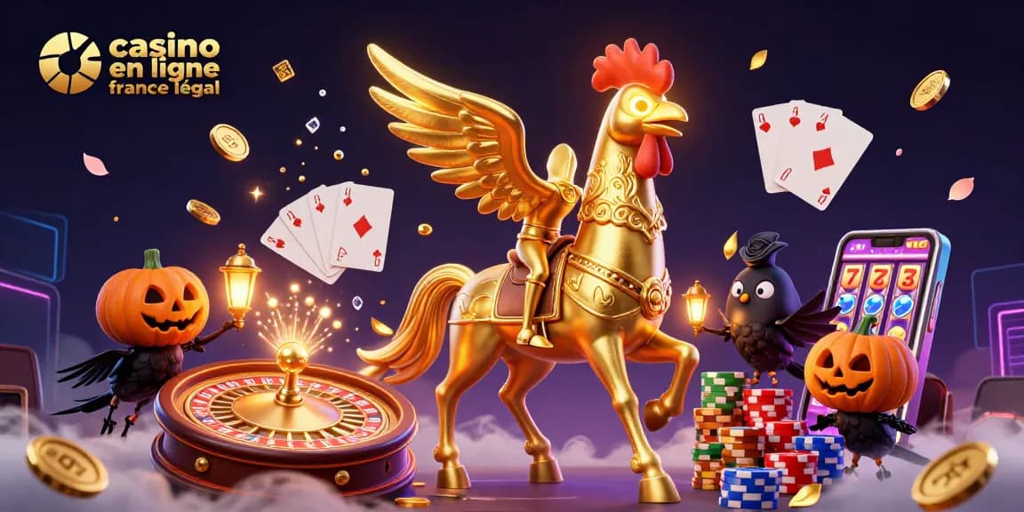 Scène dynamique au casino avec le concept de casino en ligne France légal, personnage de coq doré et jeux de cartes.