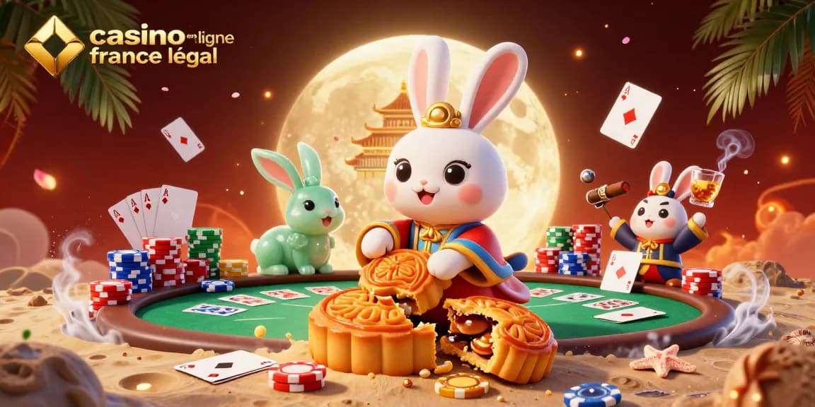 Illustration dynamique de casino en ligne France légal avec un lapin lunaire jouant aux cartes et des éléments de poker.