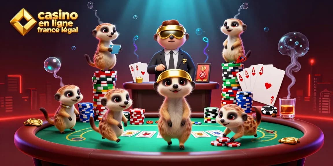 La scène dynamique d'un casino animé avec des suricates, illustrant le casino en ligne France légal.