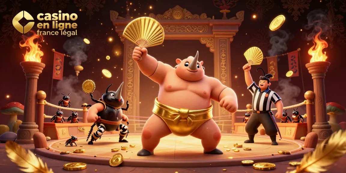 Illustration dynamique d'un champion sumo rhinocéros jouant au casino en ligne légal en France avec de la magie dorée.