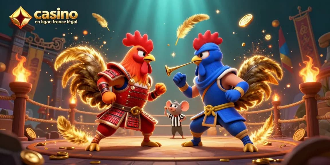 Combat entre coqs en armure et équipement ninja sur un ring de casino en ligne France légal.