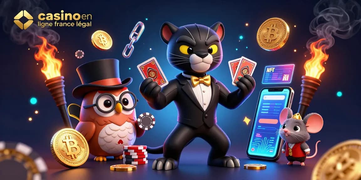 Illustration d'un casino en ligne France légal avec un panthère en costume dealant des cartes.