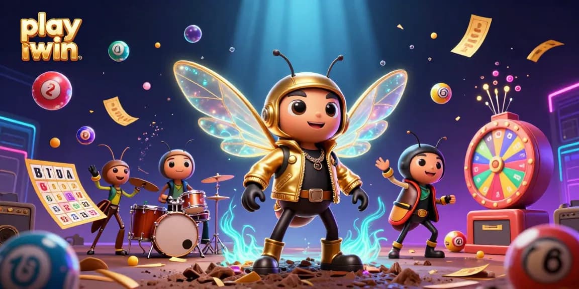 Play iwin with a vibrant 3D illustration of a rock star cicada and buzzing casino elements