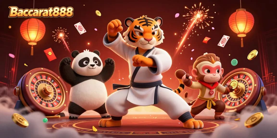Experience Baccarat888 with a lively scene of a kung fu tiger and friends amidst vibrant gaming elements.