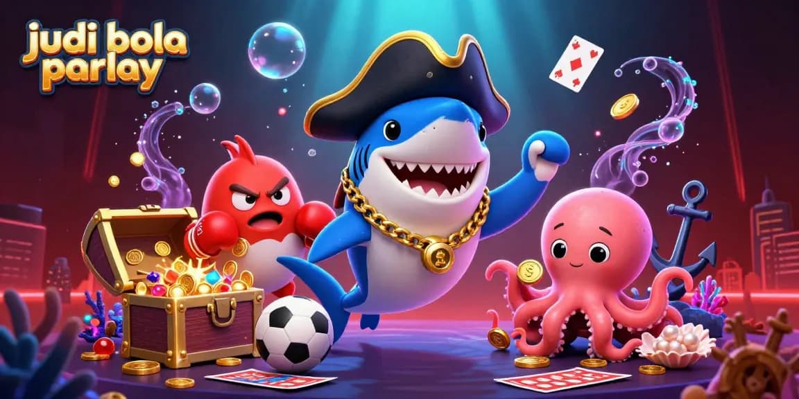 Engage with judi bola parlay featuring dynamic characters, sports elements, and treasure in vibrant underwater scene.