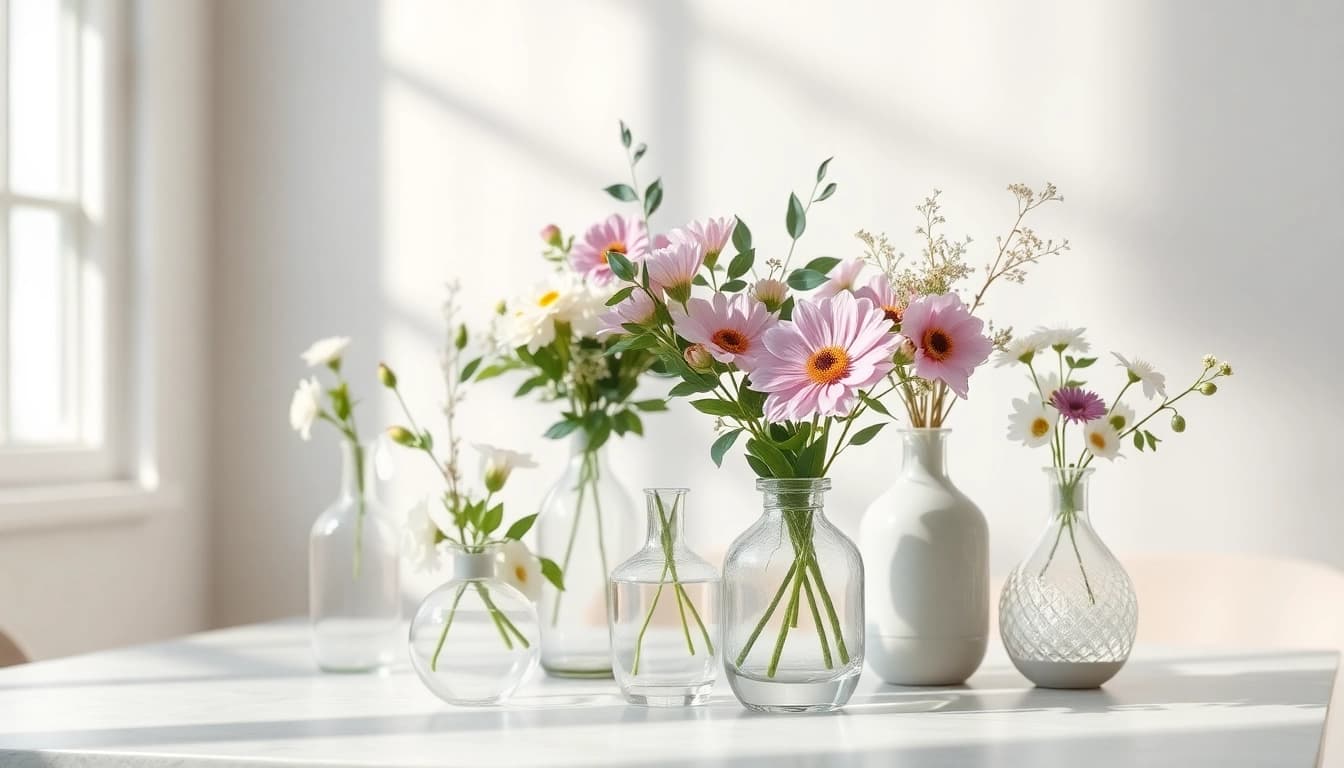 Stylish bud vases with colorful flowers arranged on a serene tabletop, showcasing elegance.