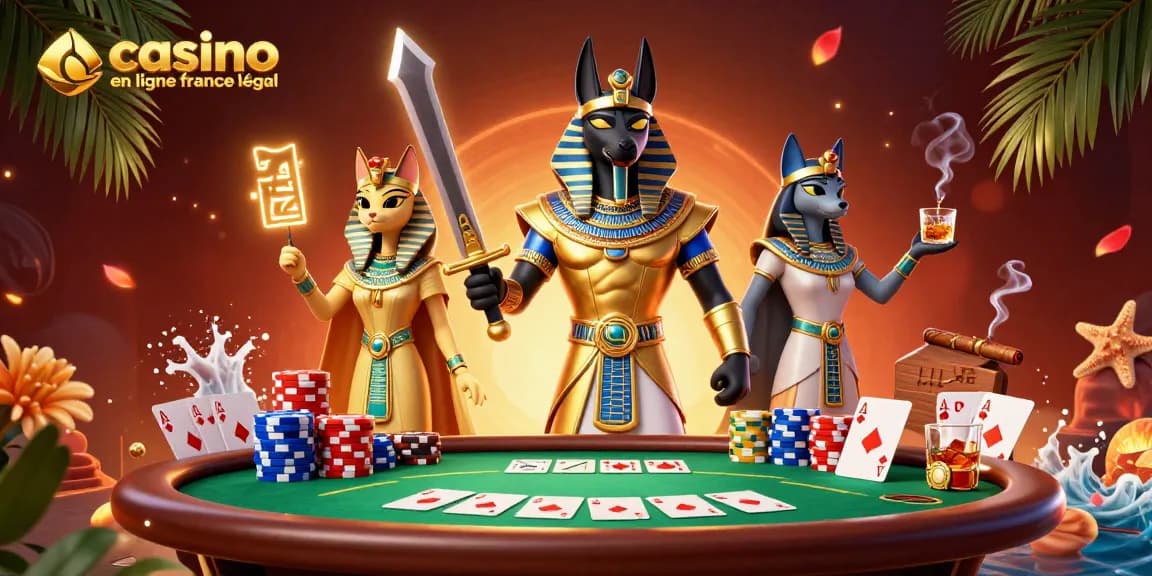 Illustration dynamique de jeu avec casino en ligne France légal, un guerrier Anubis et des éléments de poker.