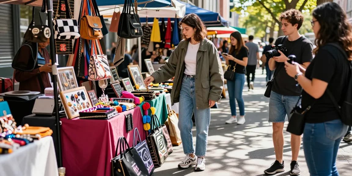 Person exploring stylish 레플리카 쇼핑몰 in vibrant urban market.