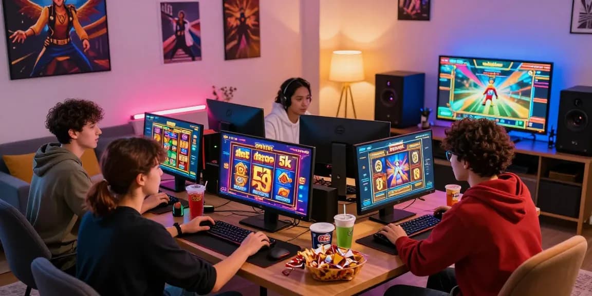 Exciting group enjoying slot depo 5k games in a cozy gaming room.