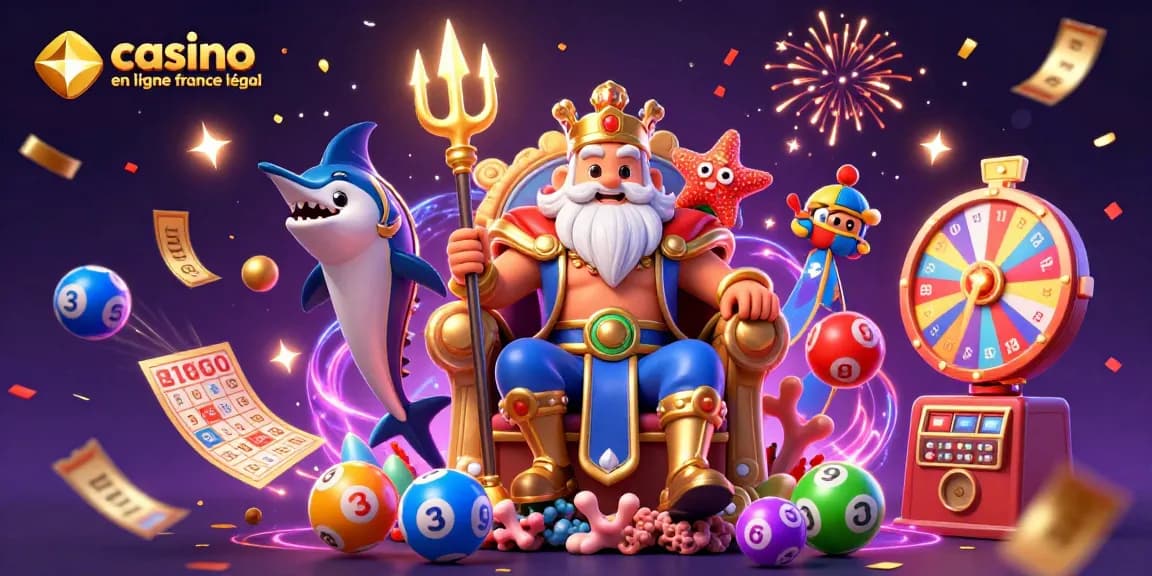 Lancez-vous dans l'univers du casino en ligne France légal avec une scène colorée et dynamique remplie de jeux et de trésors.