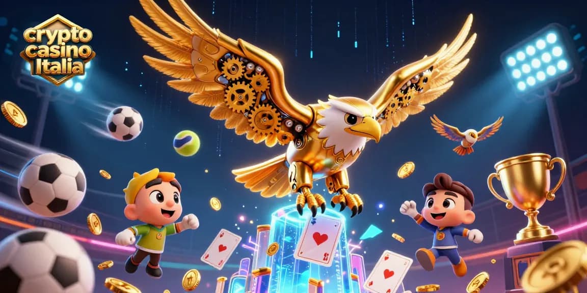 Giocatori impegnati nel crypto casino Italia con avvoltoio d'oro e carte olografiche, in un'esperienza ludica elettrizzante.