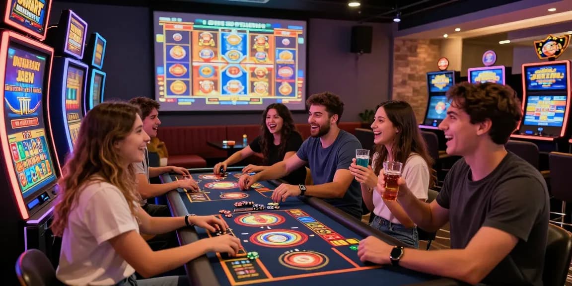 Engaging friends enjoying the excitement of online slot games, showcasing vibrant casino atmosphere and colorful machines.