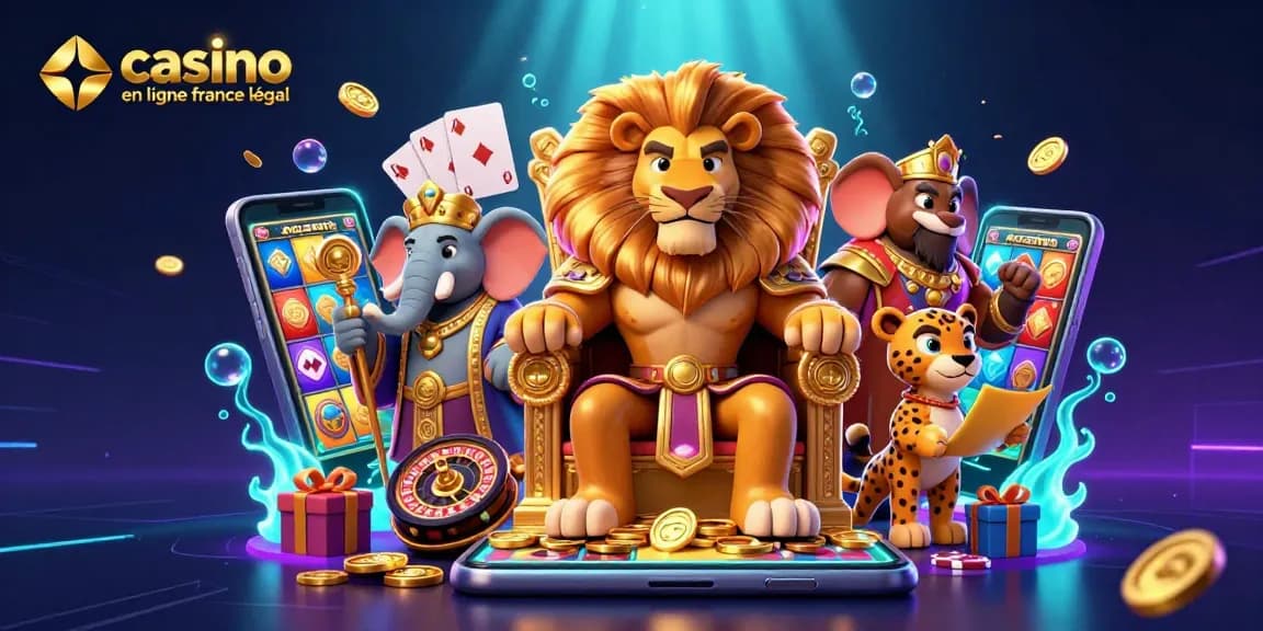 Visuels captivants de casino en ligne France légal avec un lion majestueux et des éléments de jeux d'argent.