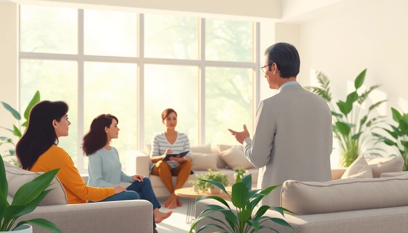 An engaging therapy session discussing anxiety symptoms among a diverse group of individuals.