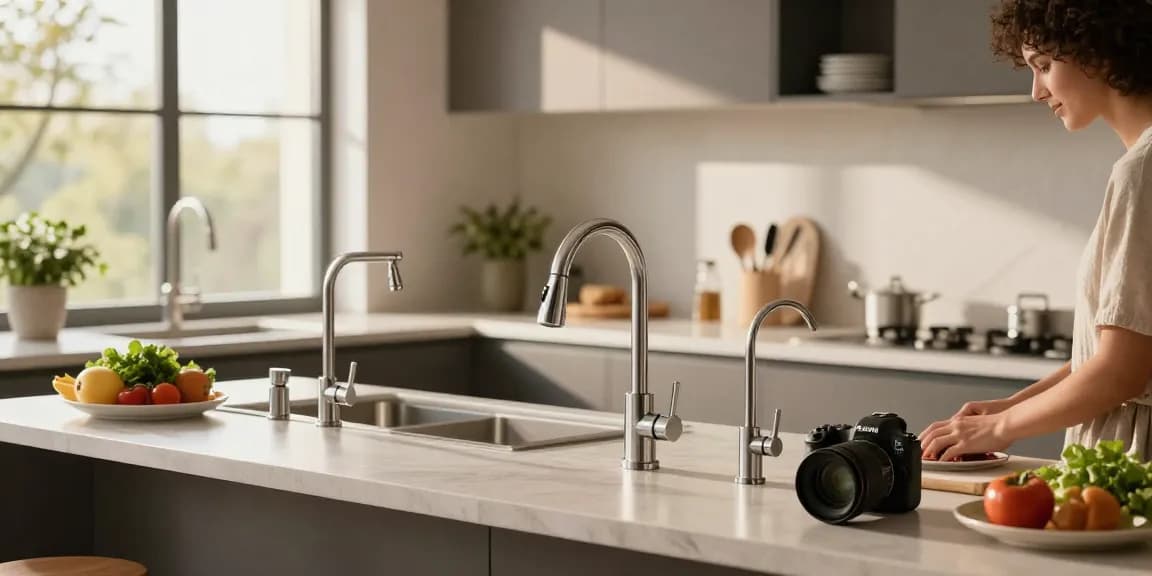 Showcasing various kitchen faucets in a modern kitchen with natural lighting.