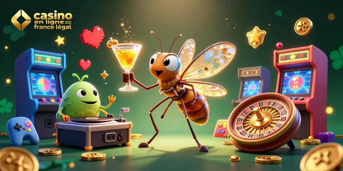 Un visuel captivant de casino en ligne France légal avec un moustique mascotte et un DJ trilobite.