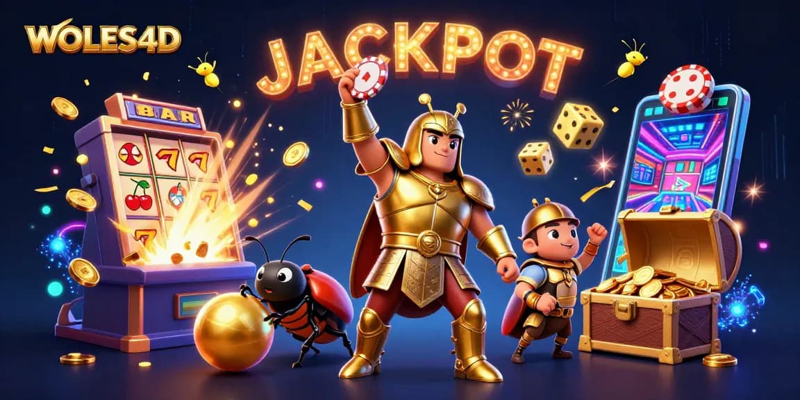 Memenangkan jackpot di WOLES4D dengan serangan pesta koin dan simbol kasino yang berkilau.