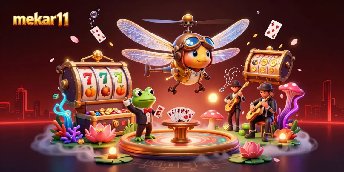 Experience mekar11 with a vibrant gaming scene featuring a dragonfly pilot and frog croupier in action.