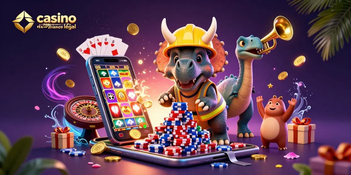 La scène dynamique du "casino en ligne légal en France" montre un triceratops construisant des jetons de poker sous le soleil couchant.