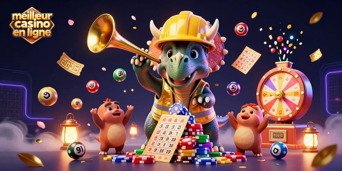 Casino en ligne avec un triceratops et un parasaurolophus dans une scène festive, illustrant le meilleur casino en ligne.