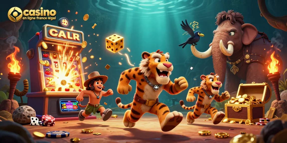 Illustration 3D d'un casino en ligne France légal avec des personnages et des éléments variés.