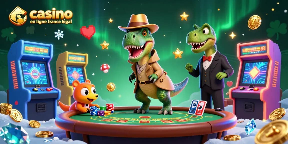 Jouez au casino en ligne France légale avec ce velociraptor trapé au blackjack, des personnages amusants et une atmosphère festive.