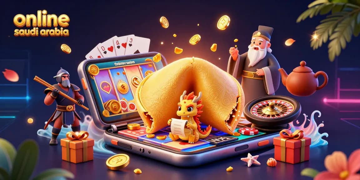 Engage with the online casino Saudi Arabia experience showcasing vibrant 3D gaming elements and fortune characters.