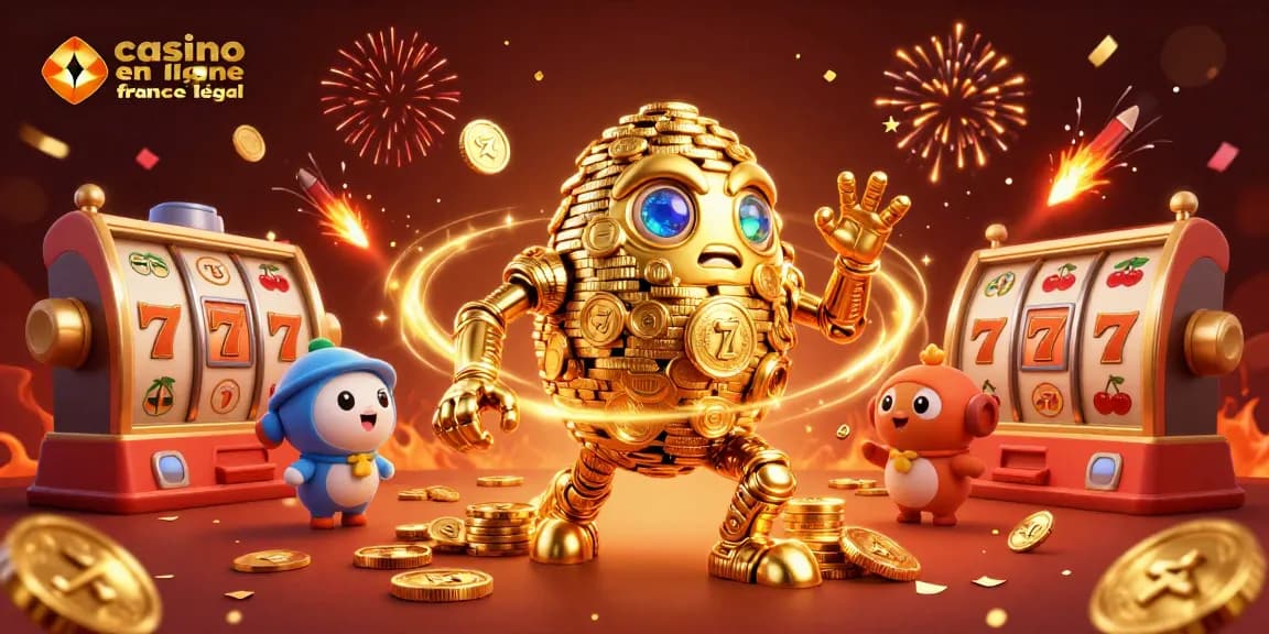Apprenez à jouer casino en ligne France légal avec un golem doré entouré de feux d'artifice et de machines à sous.