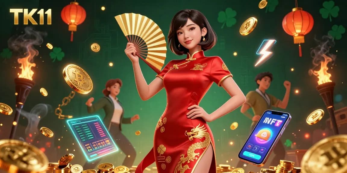 Experience thrilling games at TK11 Casino with a stunning 3D illustration showcasing a radiant character in vibrant attire.