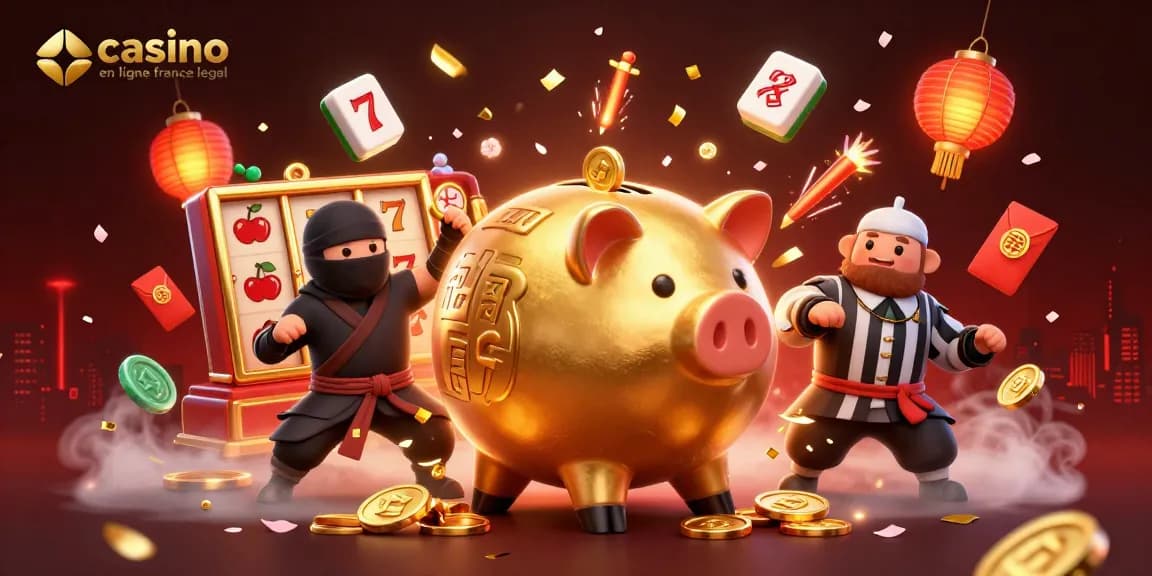 Illustration d'un sumo en tirelire dorée dans un casino en ligne légal en France, entouré d'éléments de jeu dynamiques.