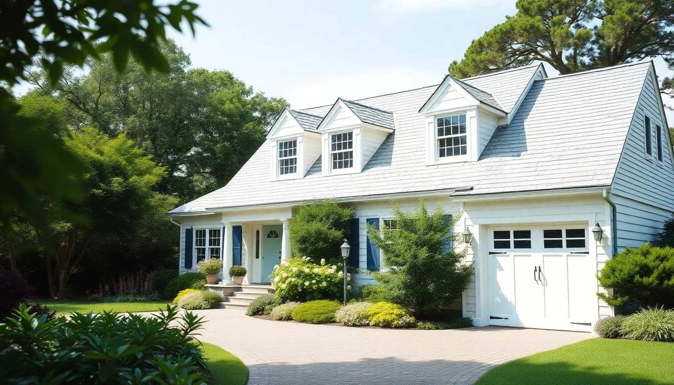 Captivating cape cod home with a beautifully designed attached garage and serene garden.