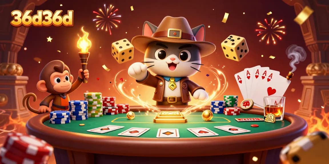 Engage with 36d36d's winning atmosphere amidst vibrant casino elements and festive visuals.