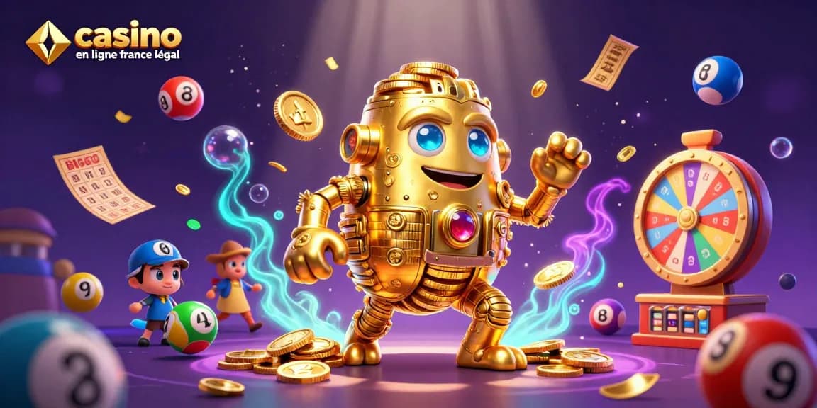 Illustration dynamique de casino en ligne France légal avec un golem doré et des éléments de loterie colorés.