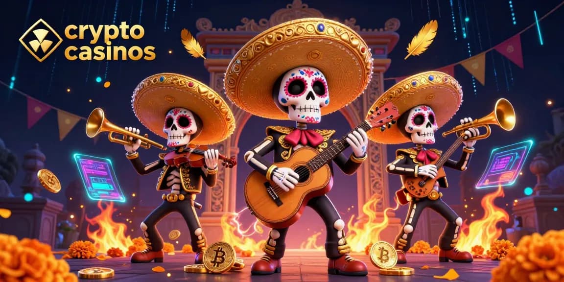 Illustration d'un groupe de mariachi jouant dans un casino avec des éléments crypto, symbolisant les crypto casinos.