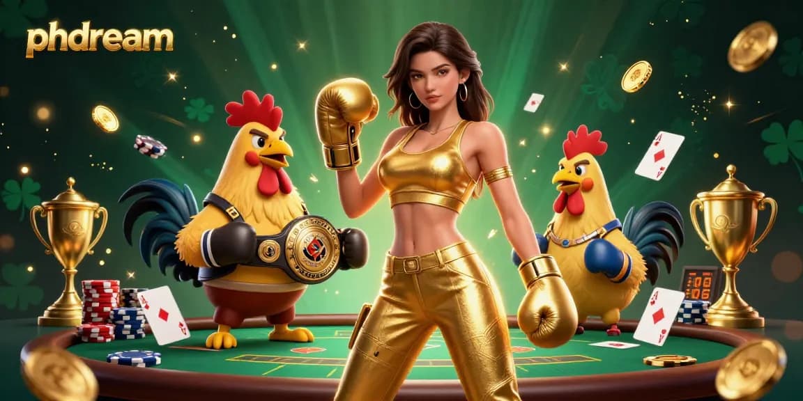 Experience thrilling poker action with phdream, showcasing a powerful woman, championship rooster, and dynamic poker elements.