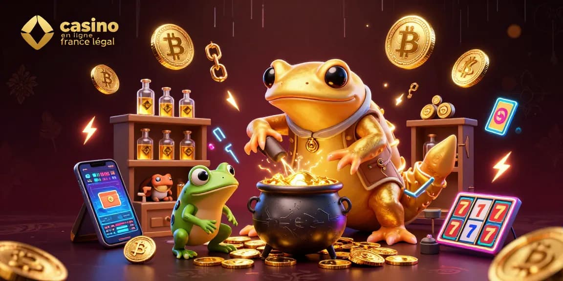 Jouez au casino en ligne France légal avec l'illustration de scènes de jeux excitantes, comprenant un alchimiste et une pièce d'or.