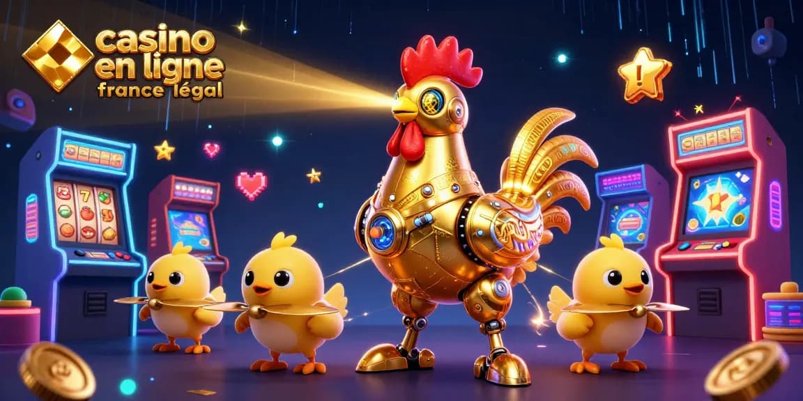 Plongez dans l'univers du casino en ligne France légal avec un robot coq futuriste et des machines à sous colorées.