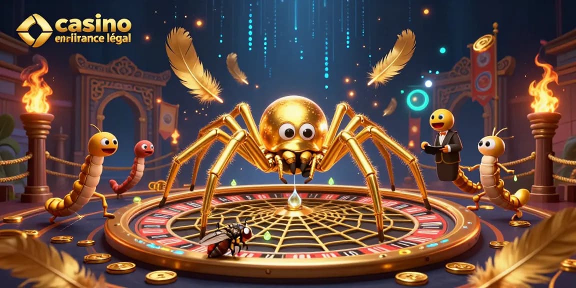 Visualisez le casino en ligne France légal avec une araignée dorée et un croupier centipède.