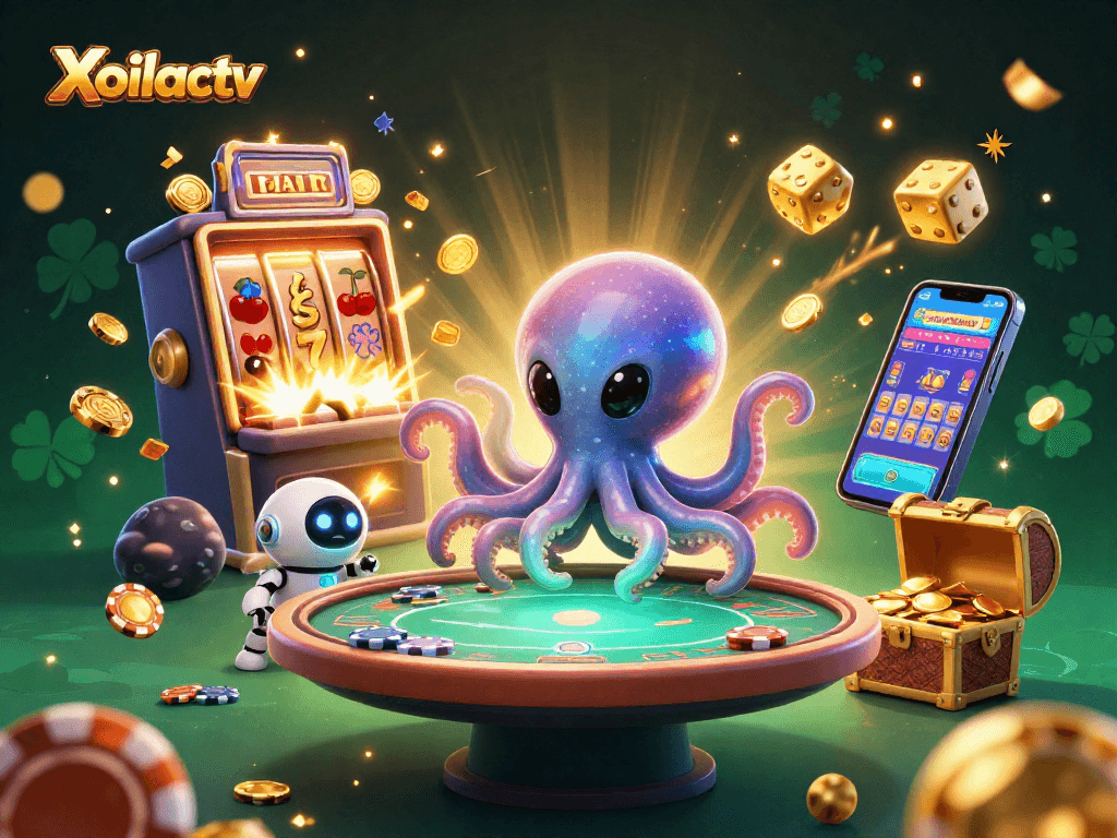 Xoilactv showcases an alien octopus at a poker table with dynamic casino elements on a vibrant cosmic backdrop.