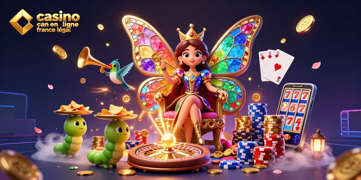 Visualisez l'illustration "casino en ligne france légal" avec la reine papillon au casino, entourée d'or et de cartes.