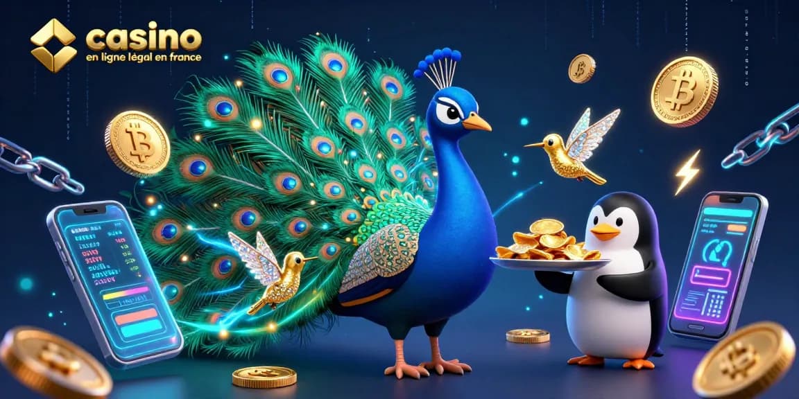 Faites l'expérience de jeux sur un casino en ligne légal en France avec un paon élégant et un pingouin serveur.