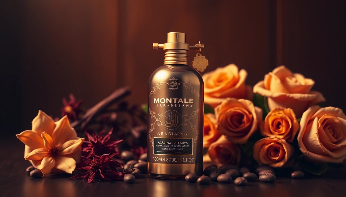 Showcasing Montale arabians tonka perfume bottle with luxurious textures and warm lighting.
