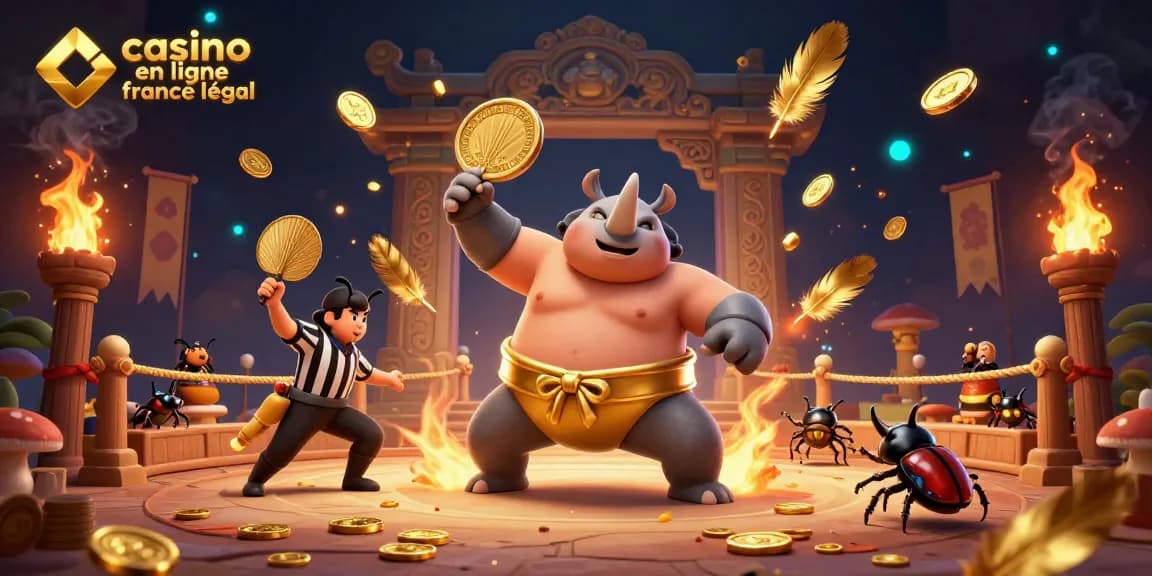 Illustration dynamique représentant un casino en ligne France légal avec un champion dans un combat festif.