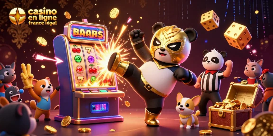 Scène dynamique de casino en ligne France légal avec panda lutte, chihuahua arbitre, et animaux supporters.