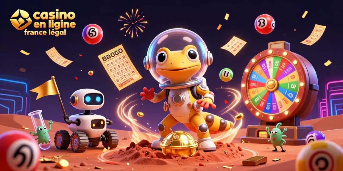 Illustration vibrante de jeux dans un casino en ligne légal en France où un gecko martien découvre des trésors.