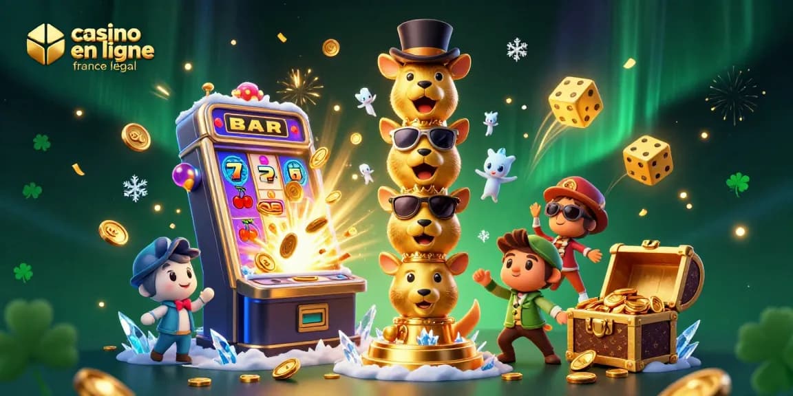 Jouer sur le casino en ligne France légal avec une illustration dynamique d'un totem de casino et des machines à sous.