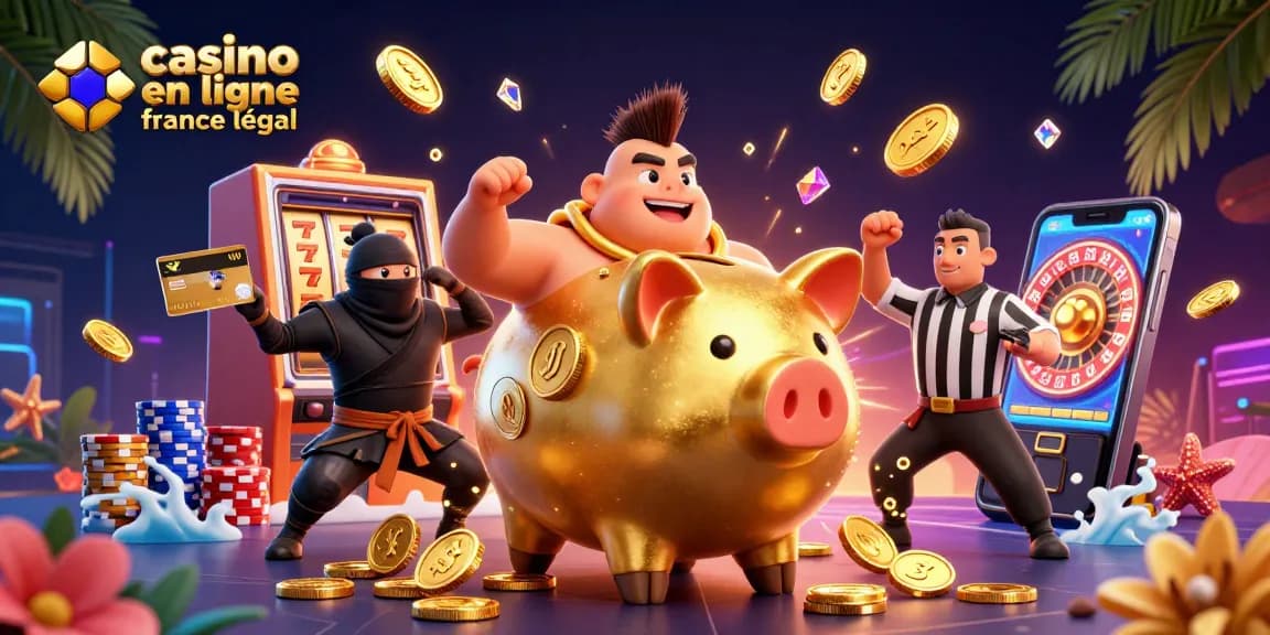 Illustration d'un casino en ligne légal en France avec un sumo, un ninja et un samouraï entourés de jetons et de pièces d'or.