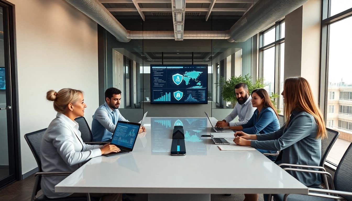 Data Breach Prevention Tampa: Professionals collaborating in a modern office on cybersecurity strategies.